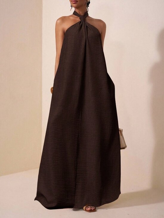 MODA ME COUTURE Dresses & Skirts - Brown Casual Women's Halter Neck Twist Open Back A-Line Maxi Dress